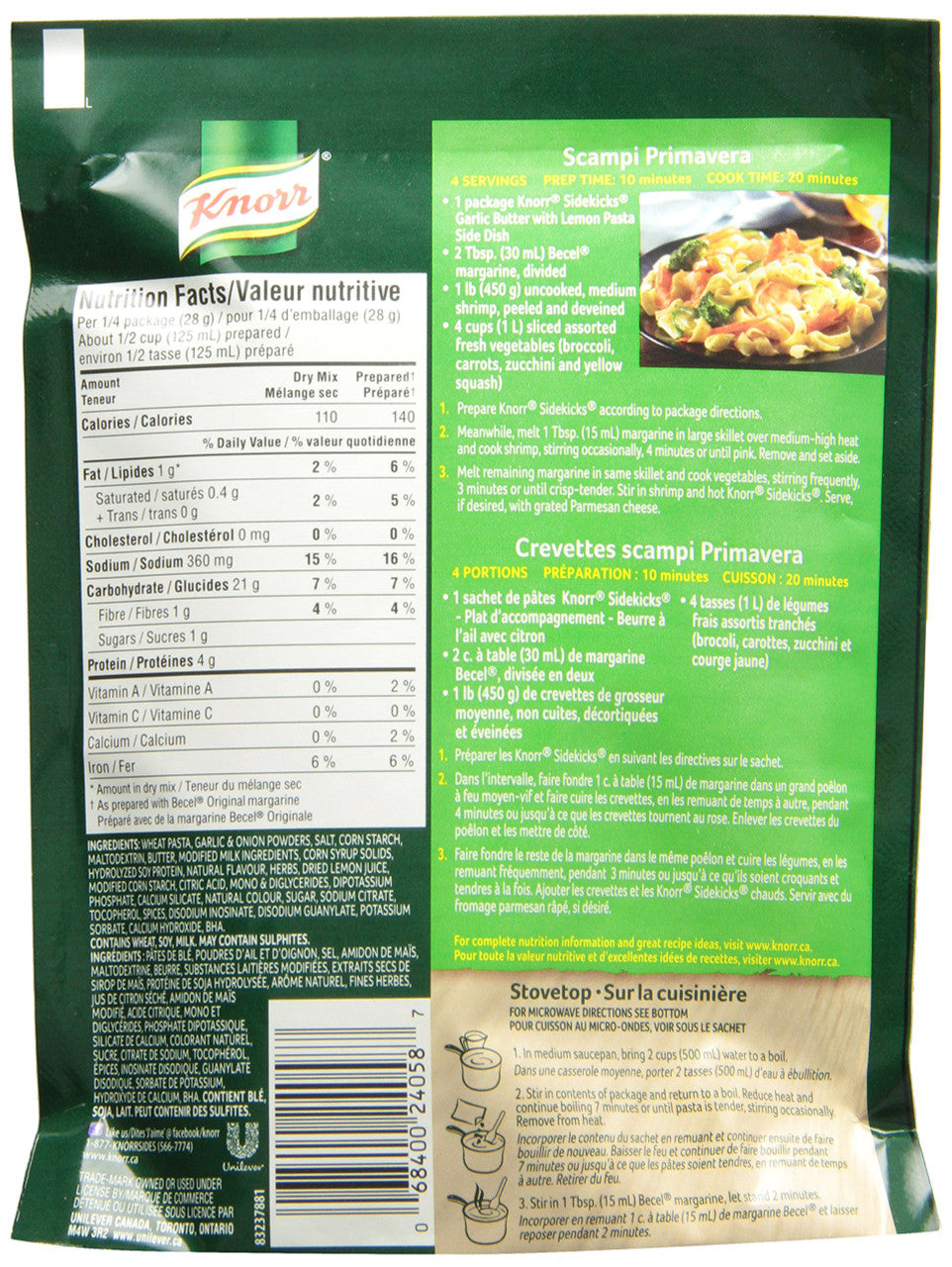 Knorr Sidekicks, Garlic Butter Lemon Pasta, Side Dish, 112g/4oz., 8ct, {Imported from Canada}